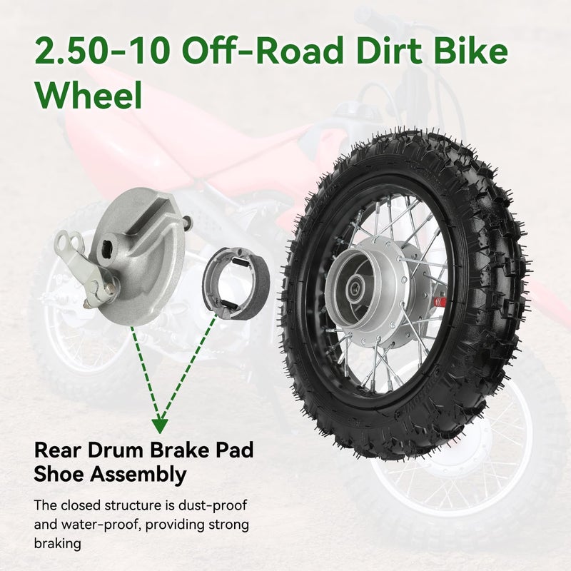 XIKOBY 2.50-10 Dirt Bike Rear Wheel Drum Brake Assembly Compatible with CRF50 XR50 TTR50 SSR Taotao Apollo, 2.5-10 2.50x10 Tire & Rim for 50cc 70cc 90cc 110cc Pit Bike Off Road Motorcycle Parts - Image 4